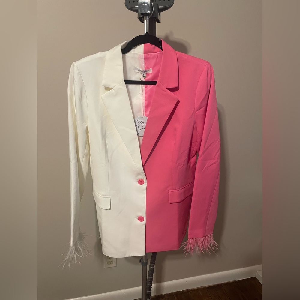 Cloud Ten Pink & White Color Block Blazer with Feather Sleeve Detail- Size M
